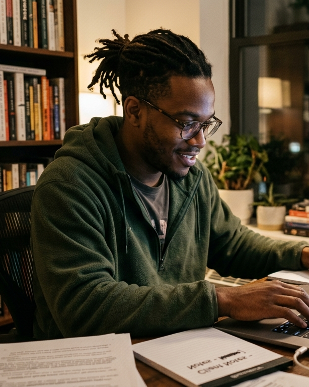 Point Obsyvion Advanced Content Strategy A male student with dreadlocks smiling while working on a complex writing project in a library environment.