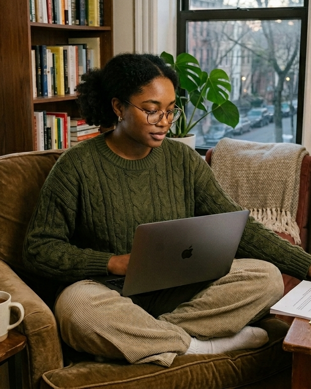 Remote Learning Excellence at Point Obsyvion A Black woman sitting comfortably with a laptop, representing the flexible and accessible nature of our elite training.