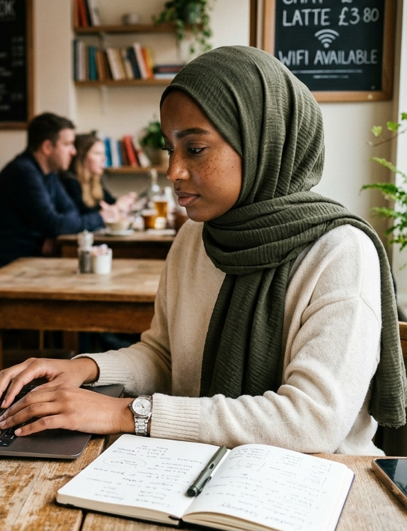 Obsyvion Institute Digital Literacy Training A focused Black woman in a green hijab working on a laptop with a handwritten strategy notebook open.