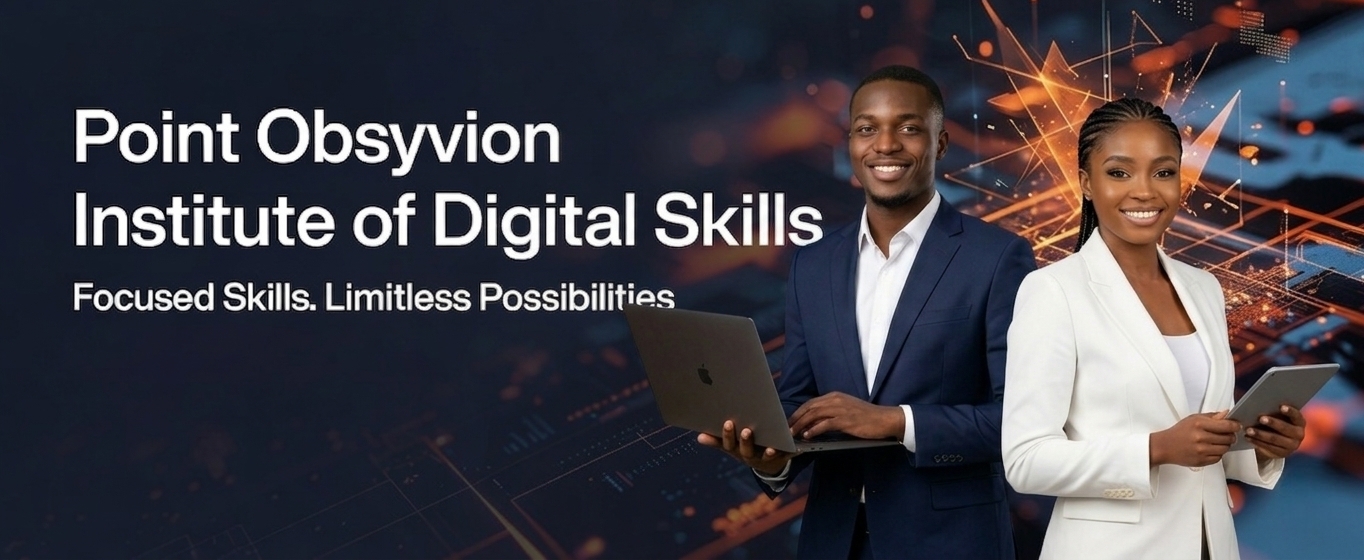 Professional Black man and woman holding a laptop and tablet in front of the Point Obsyvion branding.