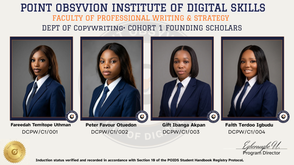 point-obsyvion-dcpw-cohort-1-graduation-board Official board of founding scholars for Point Obsyvion Institute of Digital Skills DCPW Cohort 1 featuring corporate portraits of graduate strategists.